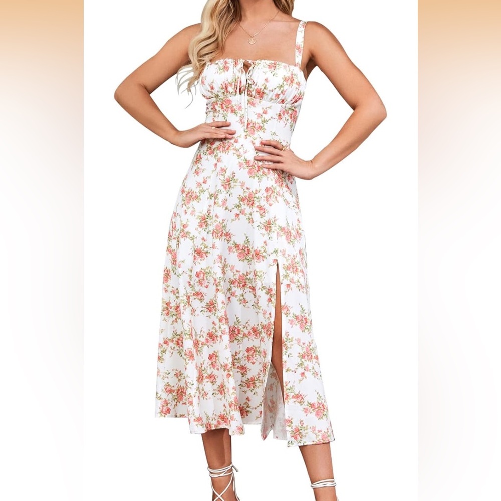 Chic Floral Midi Dress in White and Pink